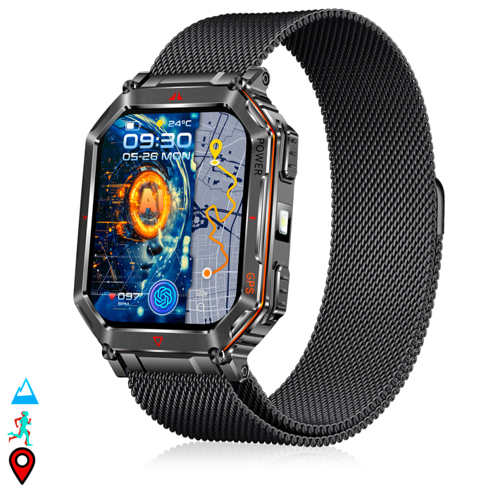 Smartwatch KR92 con llamadas BT, GPS, herramientas de exploración, monitor cardiaco, ChatGPT y + de 100 modos deportivos. Correa metálica magnética.