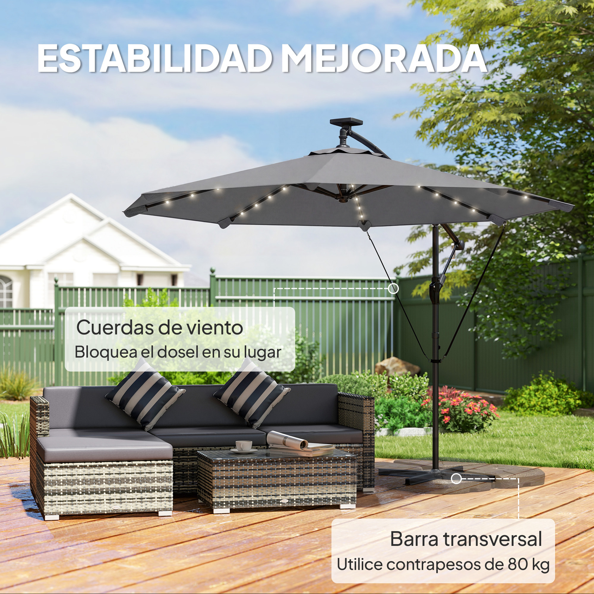 Parasol Excéntrico con Luces LED Solares, Ø330 cm, Sombrilla de Jardín con Base Cruzada, Manivela, Funda Protectora y Cuerda de Viento, Anti-UV 50+, para Terraza, Patio, Gris Oscuro