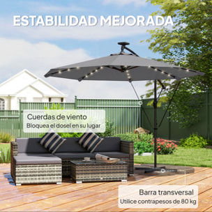 Parasol Excéntrico con Luces LED Solares, Ø330 cm, Sombrilla de Jardín con Base Cruzada, Manivela, Funda Protectora y Cuerda de Viento, Anti-UV 50+, para Terraza, Patio, Gris Oscuro