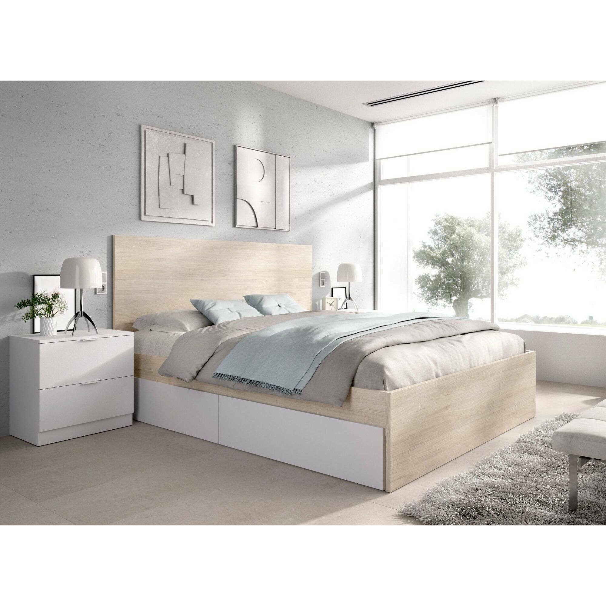 Letto alla francese Iona, Sommier per camera da letto, Giroletto per stanza, Struttura porta materasso, 249x195 h100 cm, Bianco e Rovere