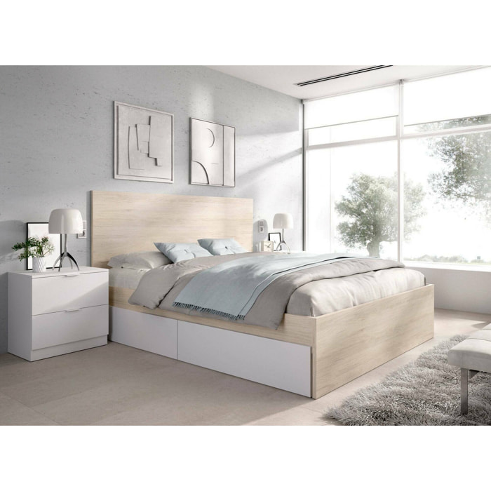 Letto alla francese Iona, Sommier per camera da letto, Giroletto per stanza, Struttura porta materasso, 249x195 h100 cm, Bianco e Rovere
