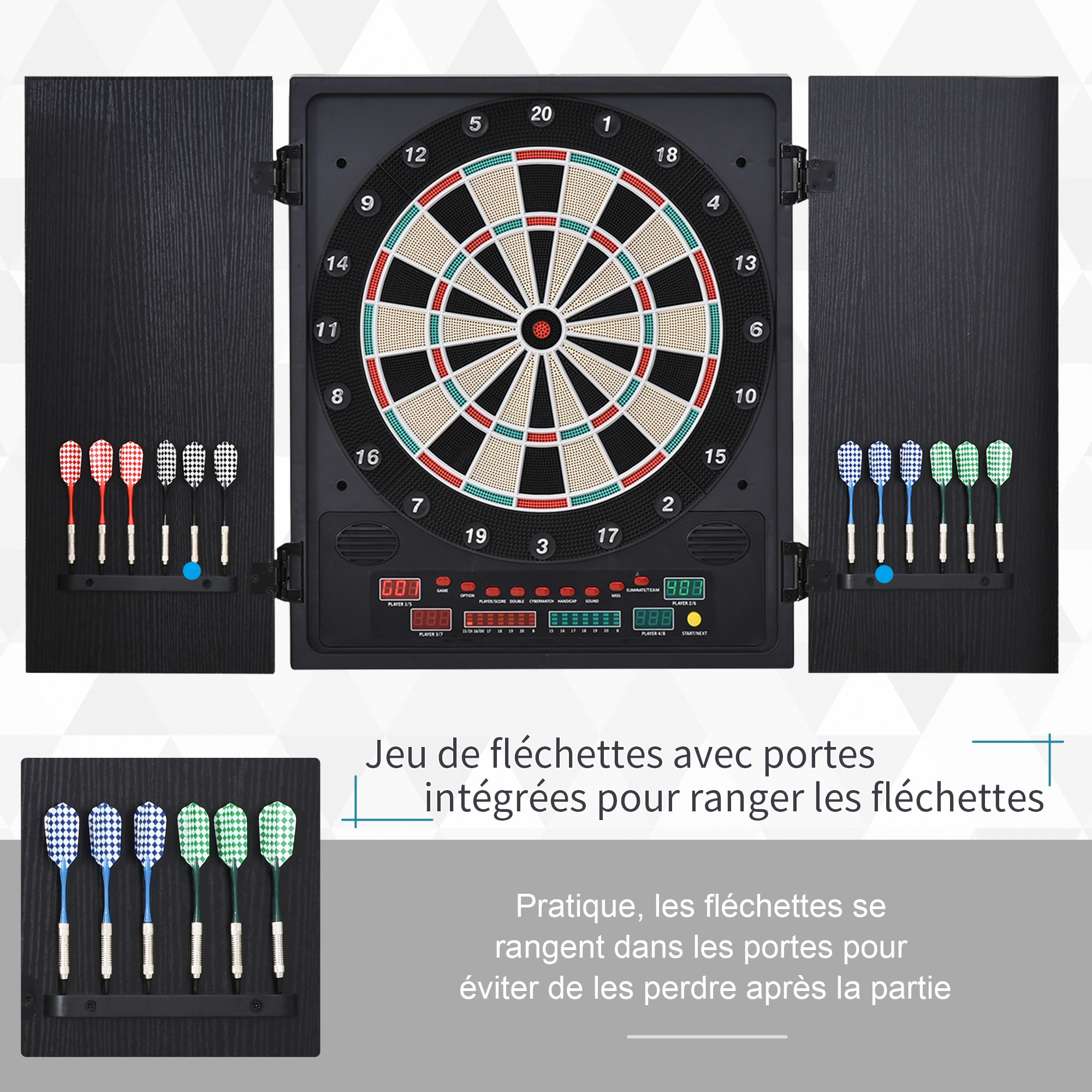 Cible jeu de fléchettes électronique refermable 27 jeux 202 variations jusqu'à 8 joueurs affichage LED haut-parleur noir