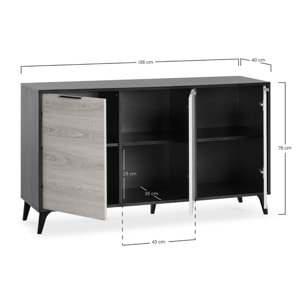 Aparador Kalma 3 puertas color negro/roble, 136 cm Ancho