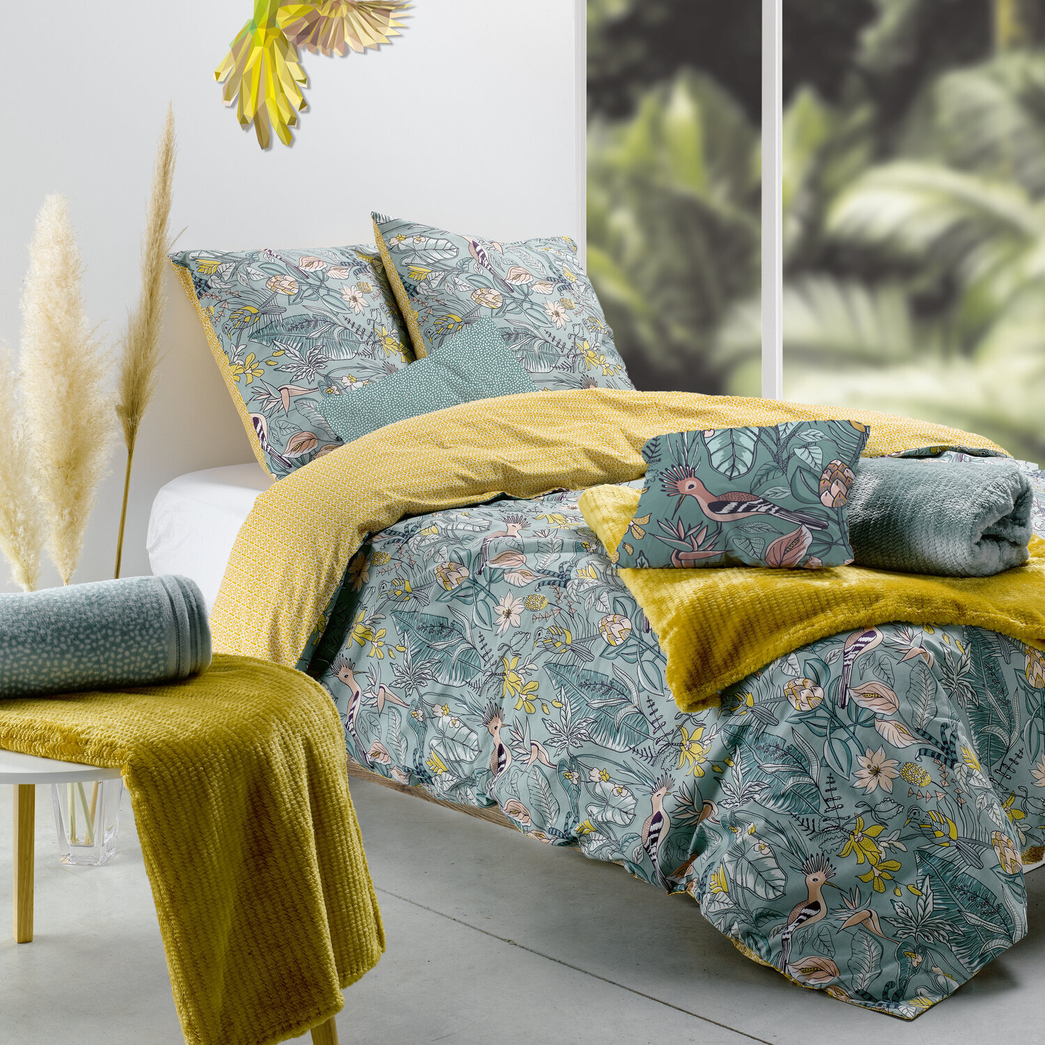 Parure housse de couette imprimé 100% coton - hupia - jaune