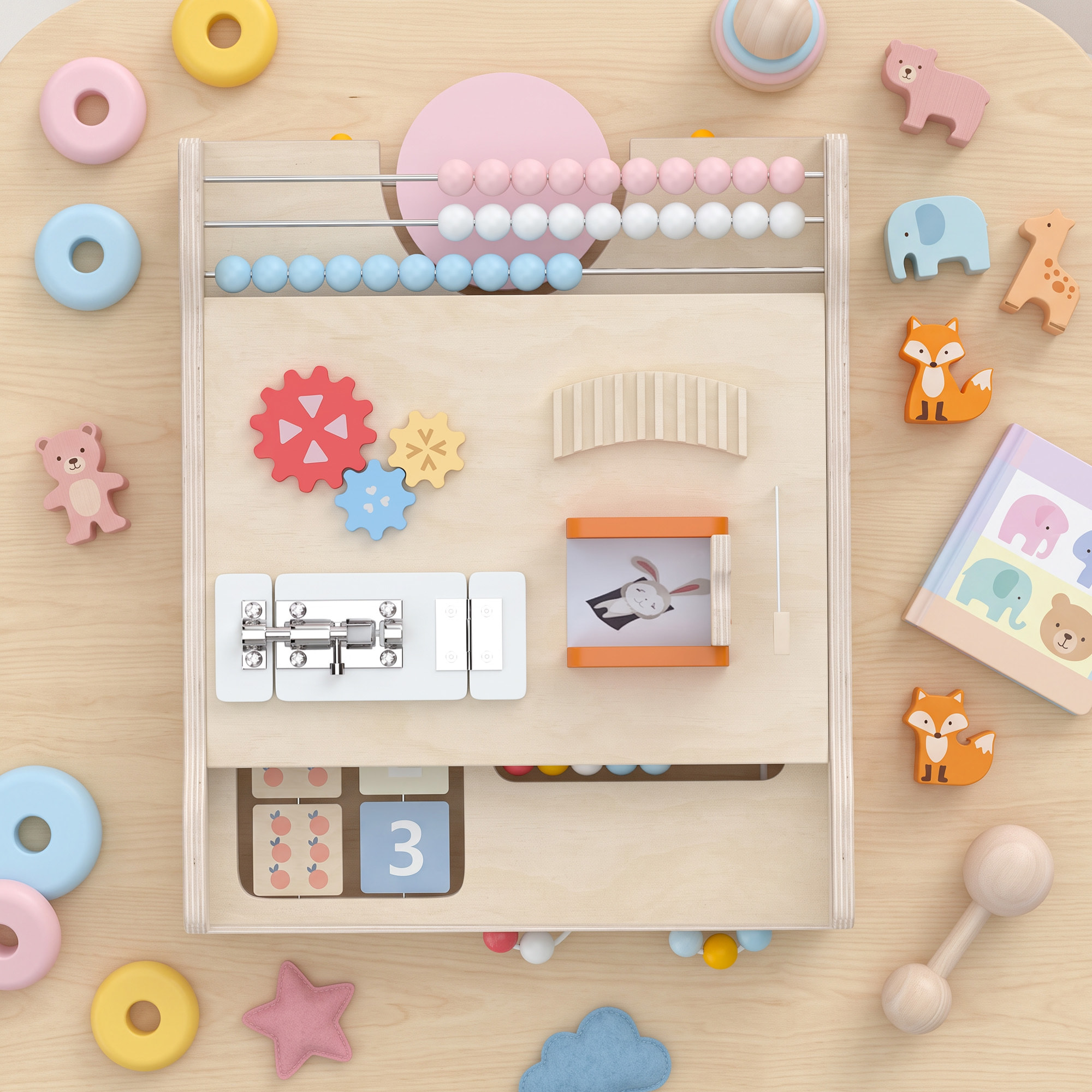 AIYAPLAY Andador Madera Bebé 3 en 1, Caminador Bebé con Juguetes Montessori, Panel Desmontable de Doble Cara, Centro de Actividades con Almacenaje, Ruedas, Niños de 1-3 Años y Altura +75 cm, Natural