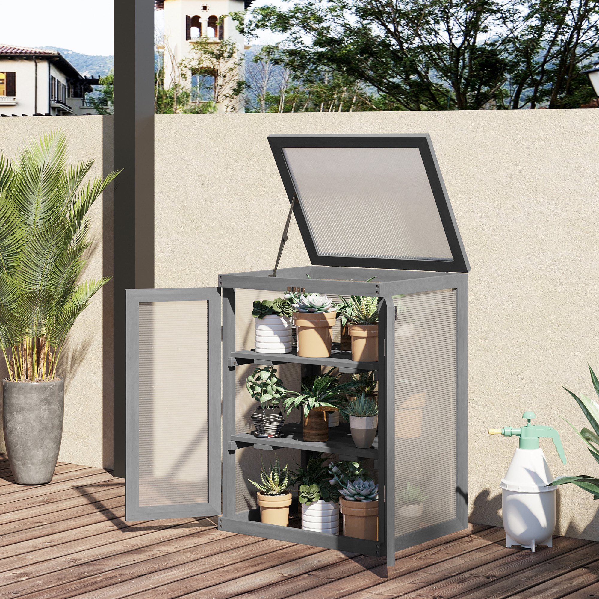 Mini serre de jardin 3 niveaux dim. 58L x 44l x 78H cm double porte toit ouvrant bois sapin lasuré peint gris polycarbonate