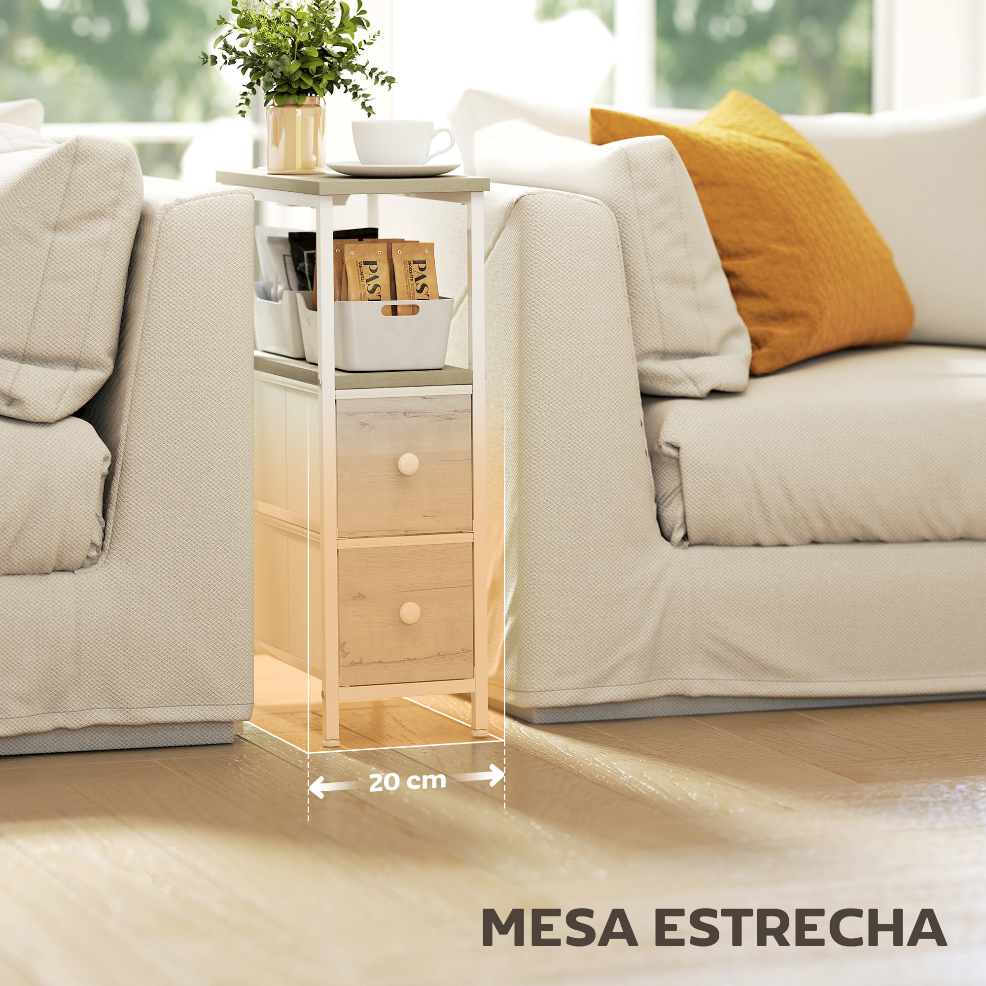 Juego de 2 Mesas Auxiliares con Enchufe, Mesitas Auxiliares Estrechas con Toma AC, Puerto USB, Puerto USB-C, 2 Cajones de Tela, Estante Abierto, para Salón, Dormitorio, Natural