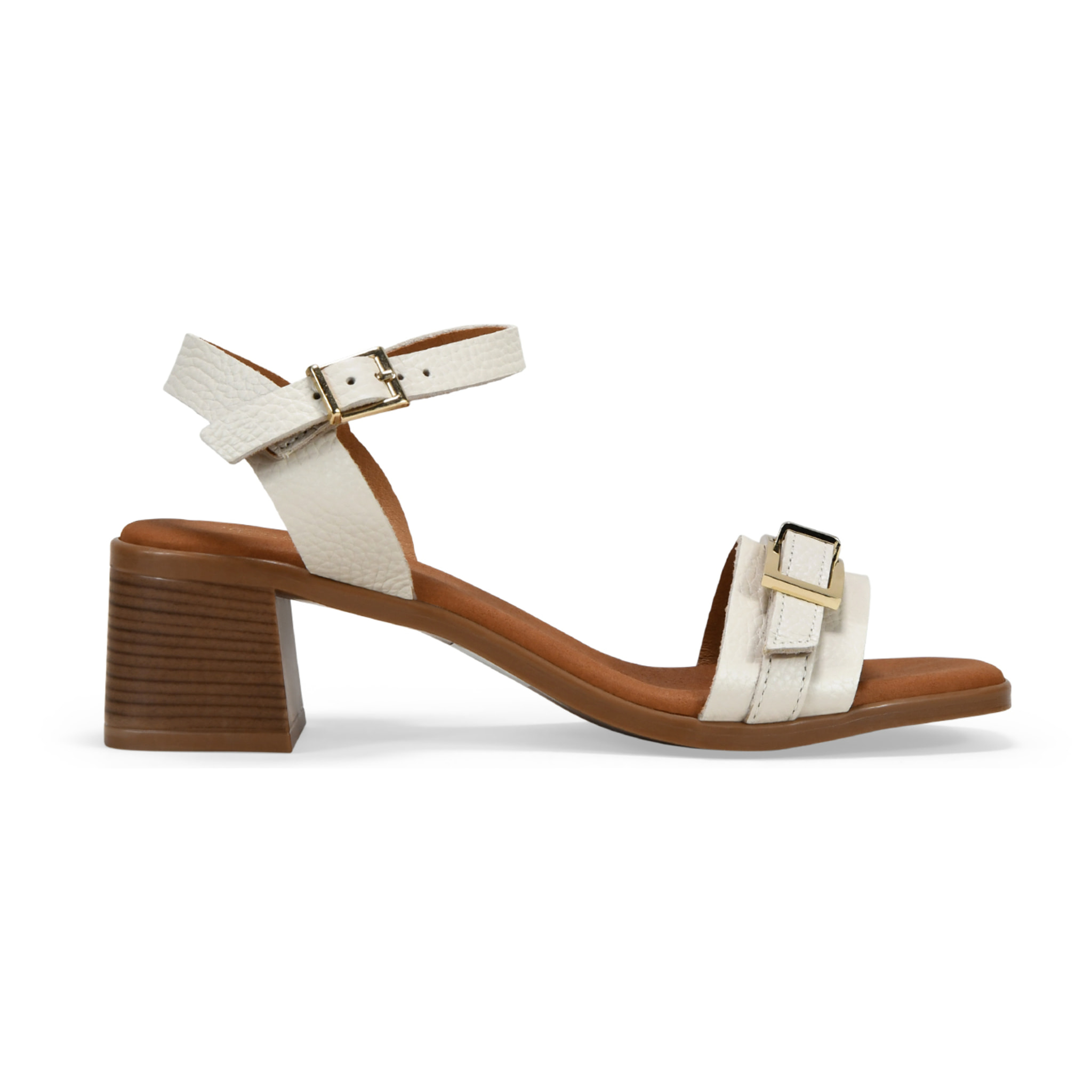 Sandalias blancas en piel con tacón y hebilla