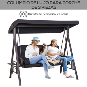 Balancín de Jardín Exterior de 3 Plazas Columpio de Jardín Exterior con Toldo Curvo 2 Bandejas Laterales y 2 Almohadas de Brazo para Balcón Terraza Patio Carga 360 kg 206x116x183 cm Negro