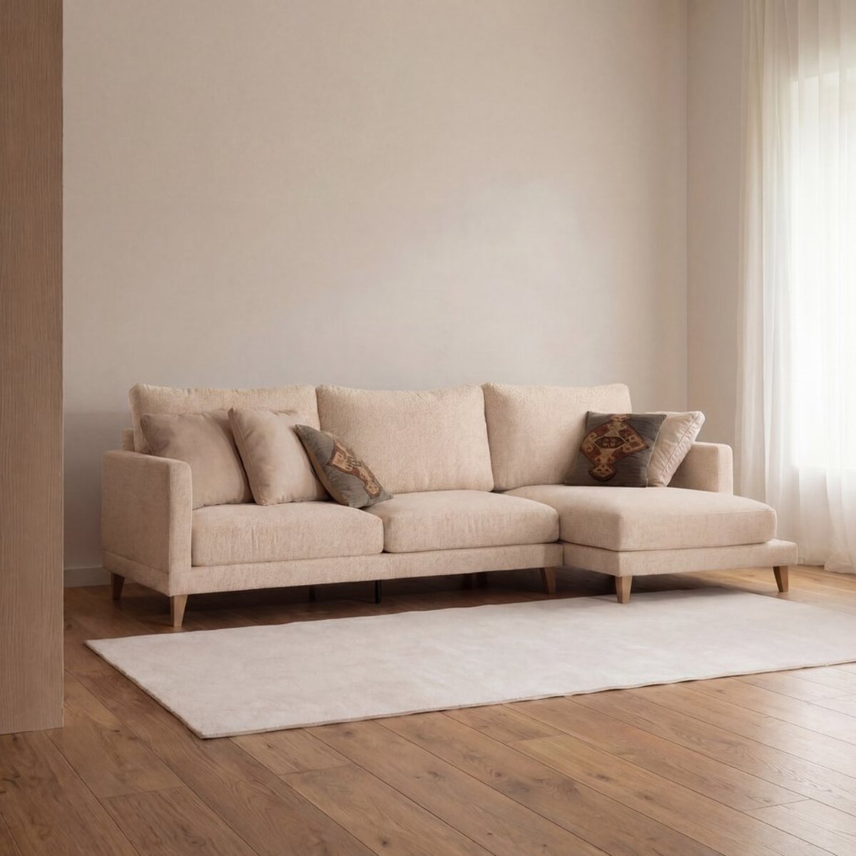 Canapé d'angle Dafne -textile,mousse pu,bois,panneau de particules-couleur beige 275 x 90 x 160 cm