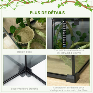 Terrarium verre transparent - couvercle treillis métallique coulissant verrouillable, trappe, distributeur eau, thermomètre - noir