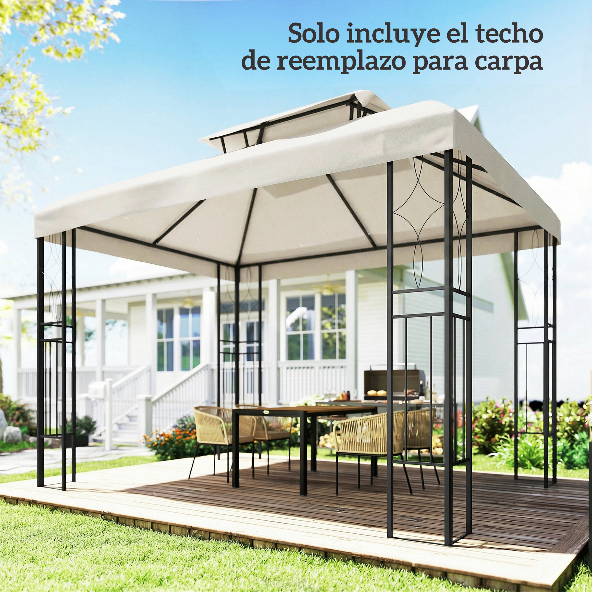 Techo de Repuesto para Cenador, 4x3 m, Cubierta de Repuesto con Techo Doble, 10 Orificios de Drenaje y Protección UV, SOLO Toldo de Recambio para Pabellón Gazebo, Blanco Crema