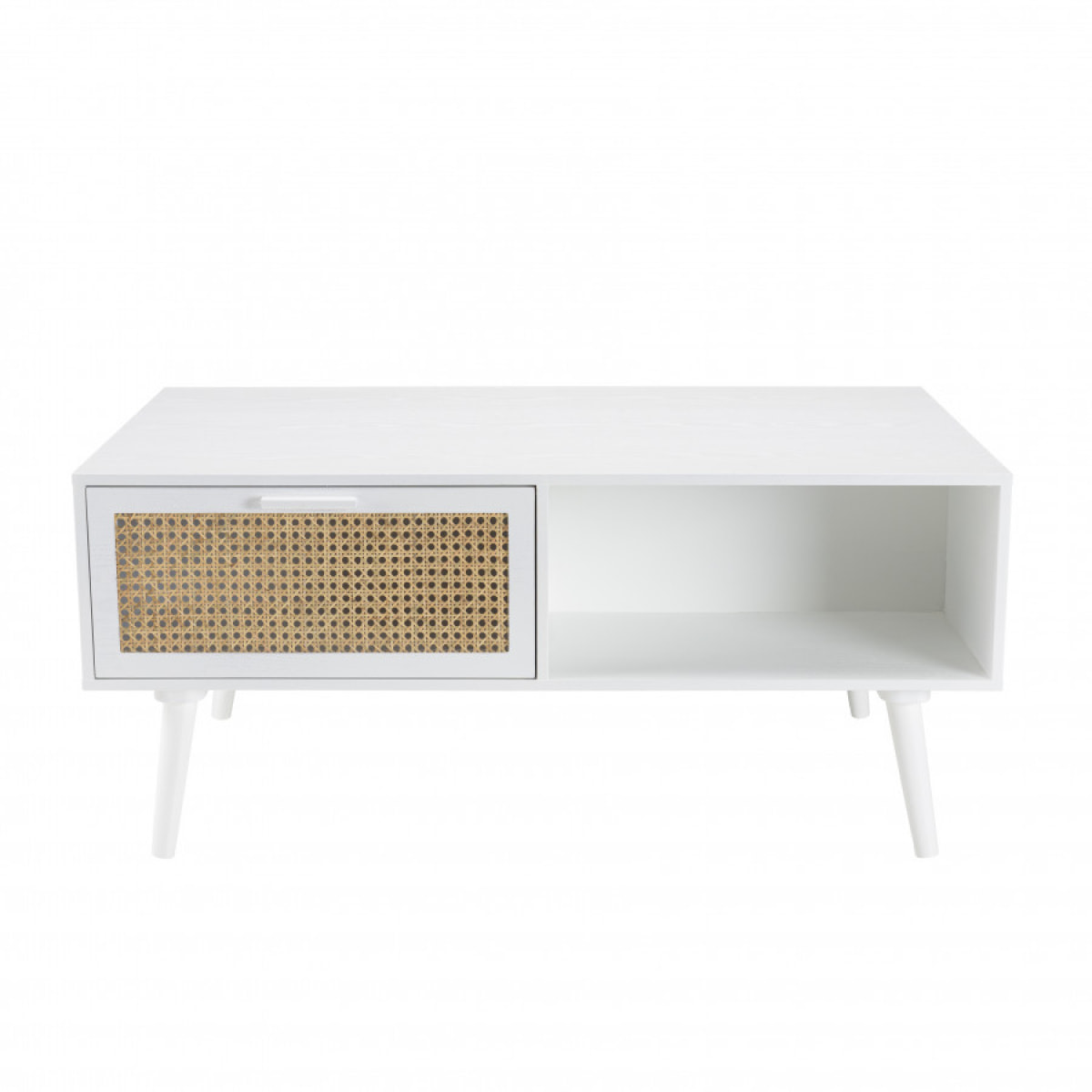 SANDRO - Table basse blanche 2 tiroirs 1 niche cannage naturel