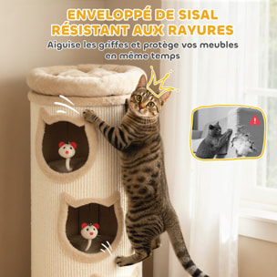 Tour à griffer pour chat - arbre à chat - 3 niches, 3 jouets, panier haut - sisal peluche beige