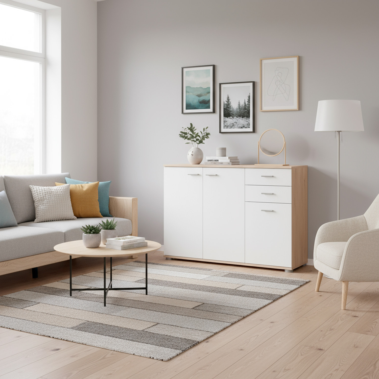 Credenza 3 Ante E 2 Cassetti Credenza Soggiorno Cucina Madia Moderna Multi Spazio Mobile Credenza in Legno Itaca 103 X 70 x 35 Cm Bianco e Rovere