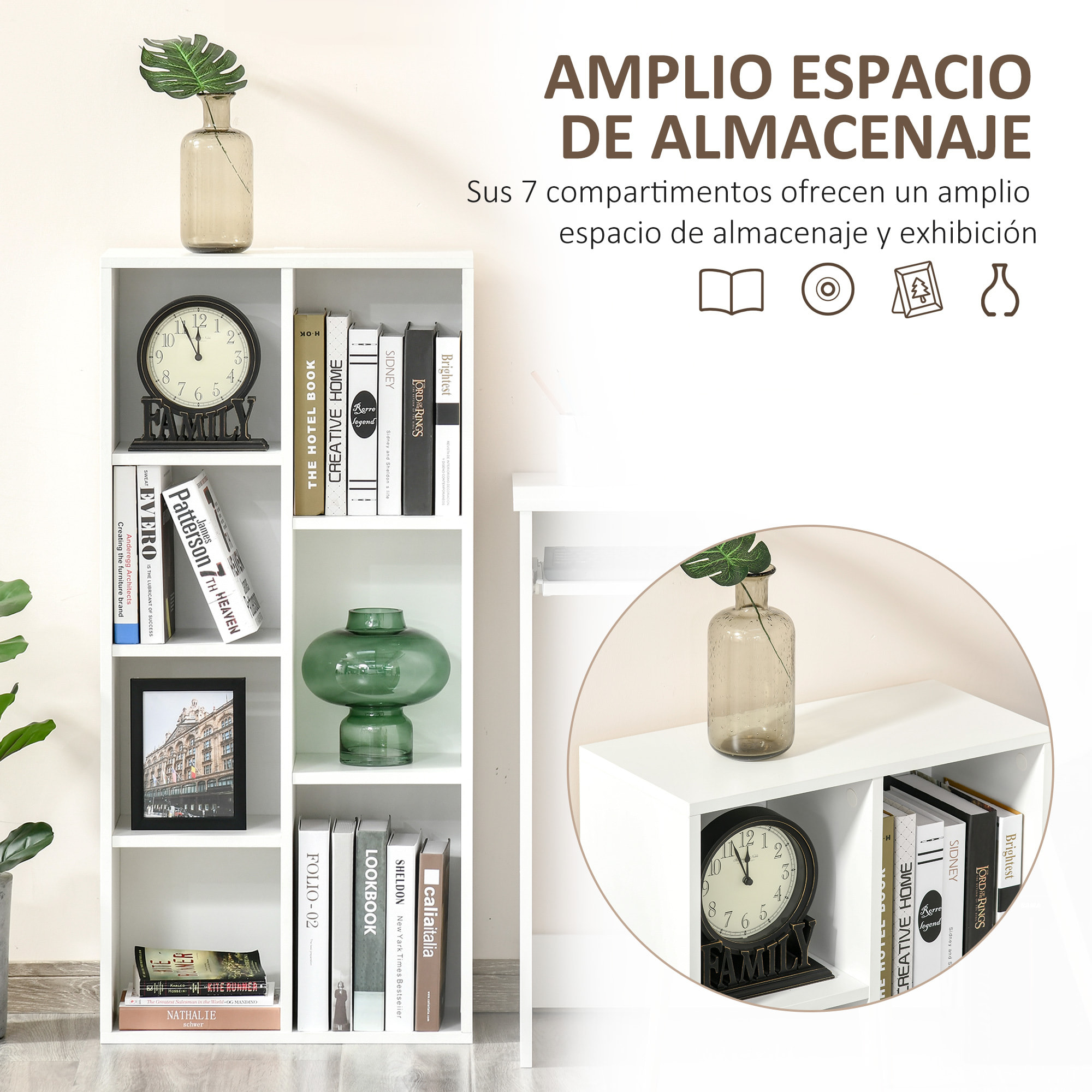 Estantería para Libros Librería de Madera con 7 Compartimentos de Almacenaje Plantas Archivos para Sala de Estar Dormitorio Oficina 50x24x106 cm Blanco