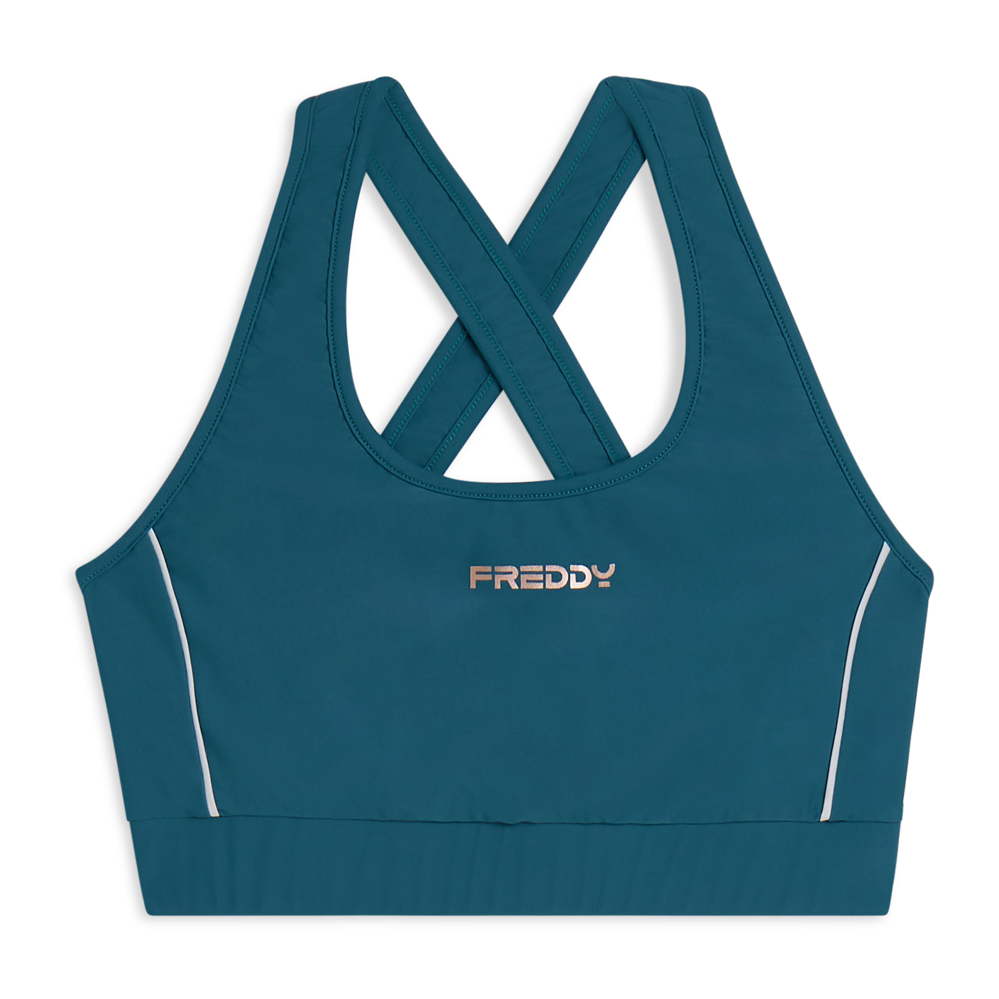 Top tecnico con spalline incrociate e profili bianchi