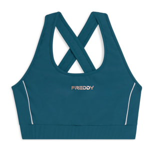 Top tecnico con spalline incrociate e profili bianchi