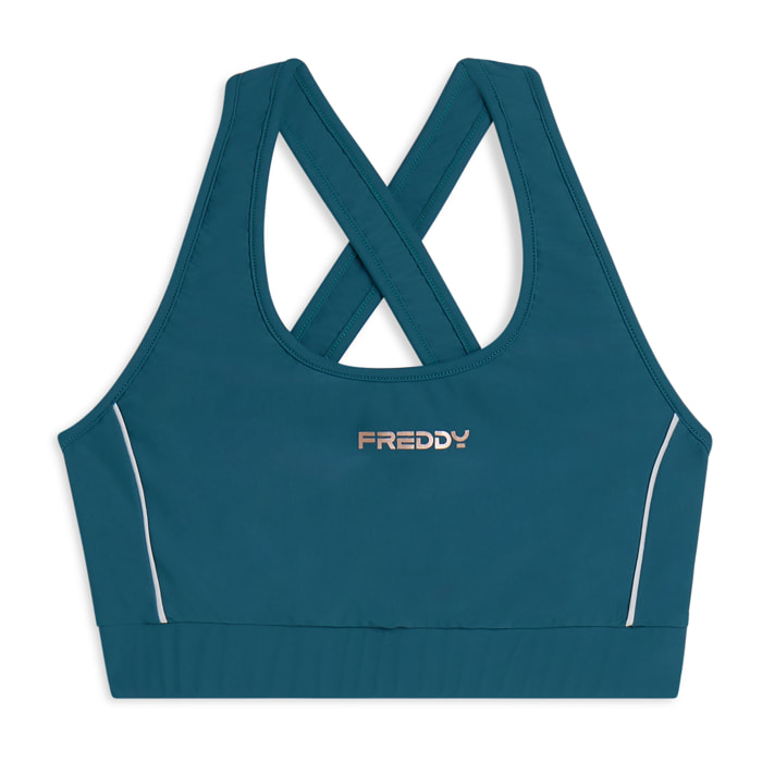 Top tecnico con spalline incrociate e profili bianchi