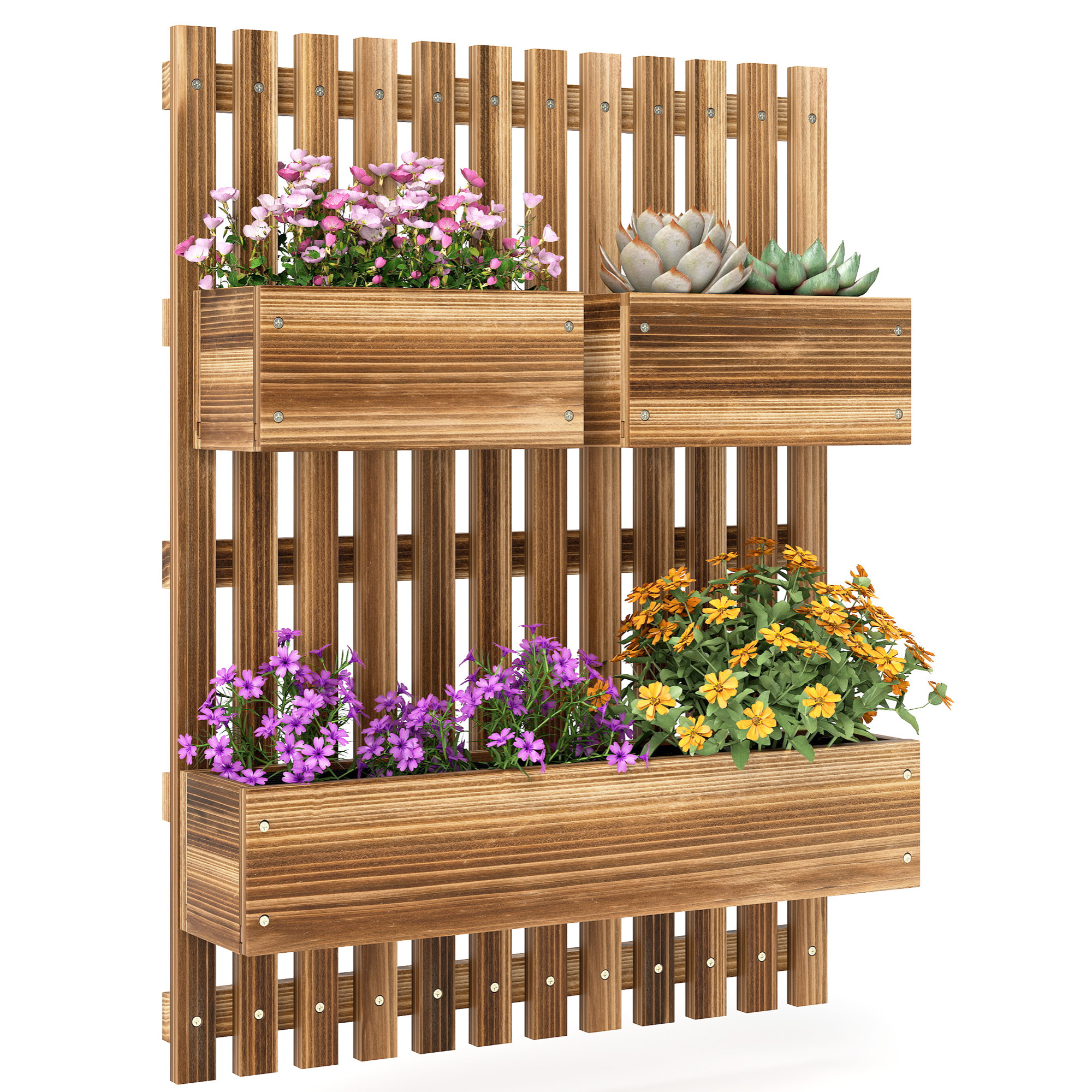 Jardinera de Pared con Enrejado, Jardinera Exterior Grande de Madera con 3 Macetas Móviles y Orificio de Drenaje, para Exterior, Jardín, Terraza, Patio, 60x16x80 cm, Carbonizado