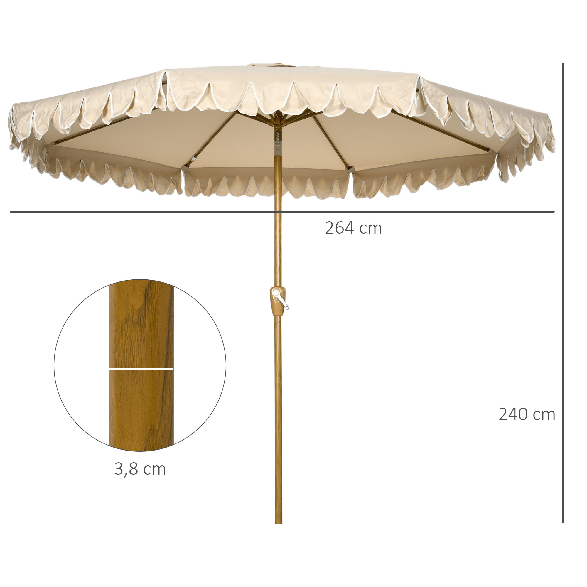 Sombrilla de Terraza Ø264x240 cm Parasol de Jardín con Ángulo Ajustable Manivela y Volantes Impermeable para Playa Patio Balcón Caqui