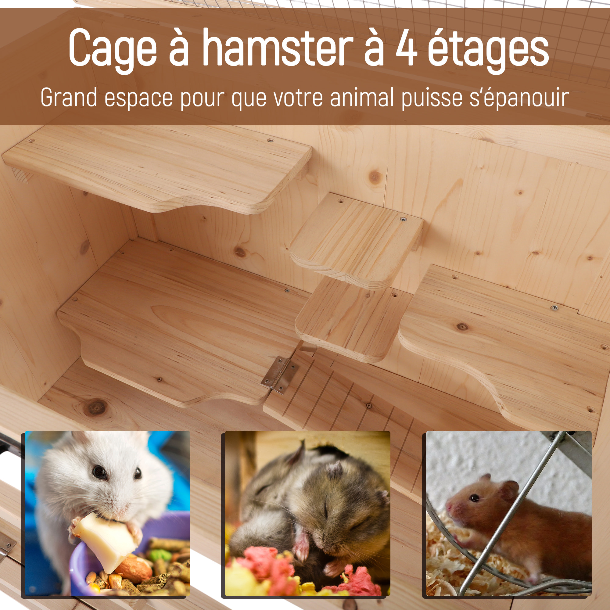 Cage pour hamsters souris petits rongeurs multi-niveaux 5 étages 10 plateformes bois de pin 60 x 40 x 120 cm