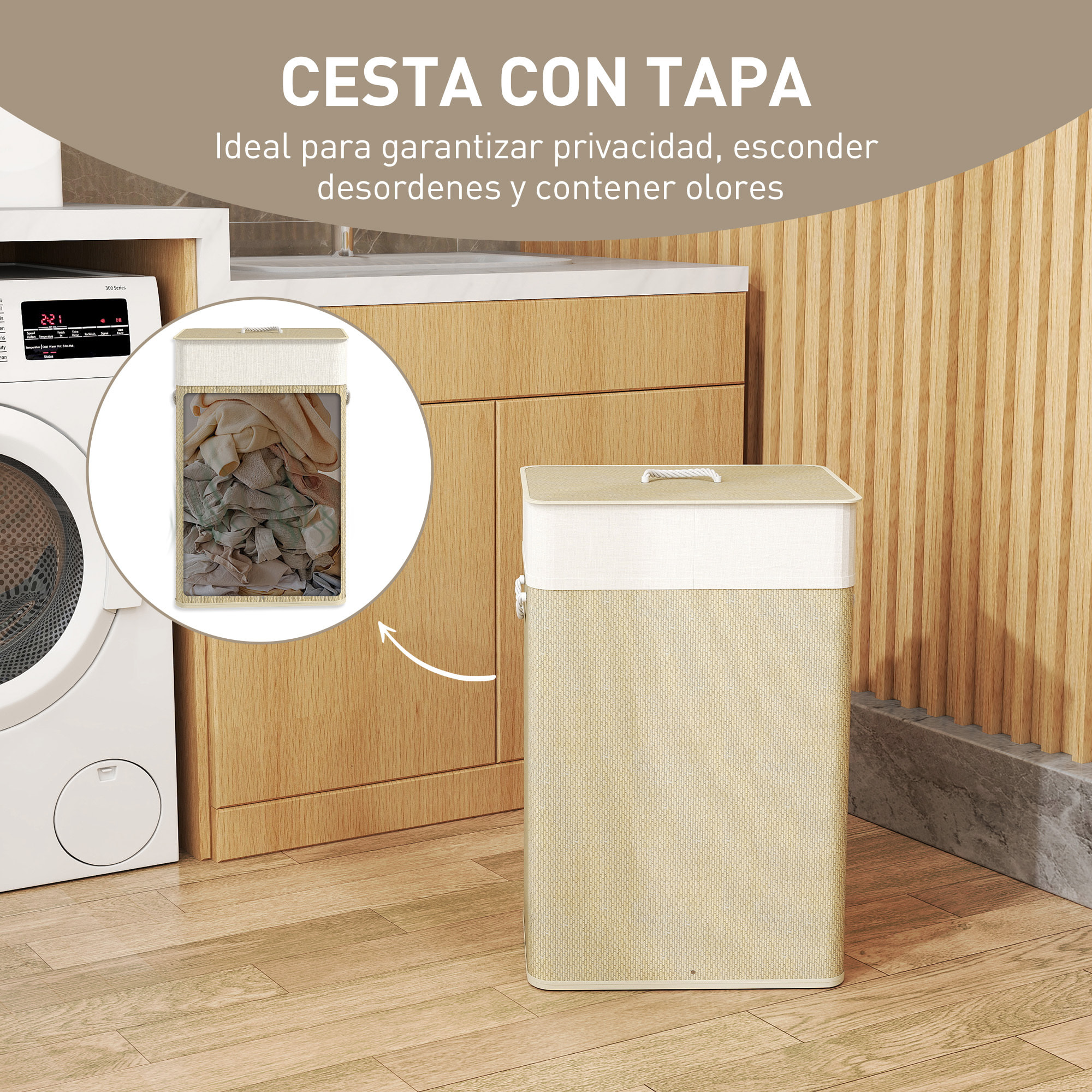 Cesto de Ropa Sucia con Tapa 100L Cesta Colada de Bambú con 2 Compartimentos Bolsa Interior Extraíble para Lavandería Dormitorio 52x32x63 cm Marrón