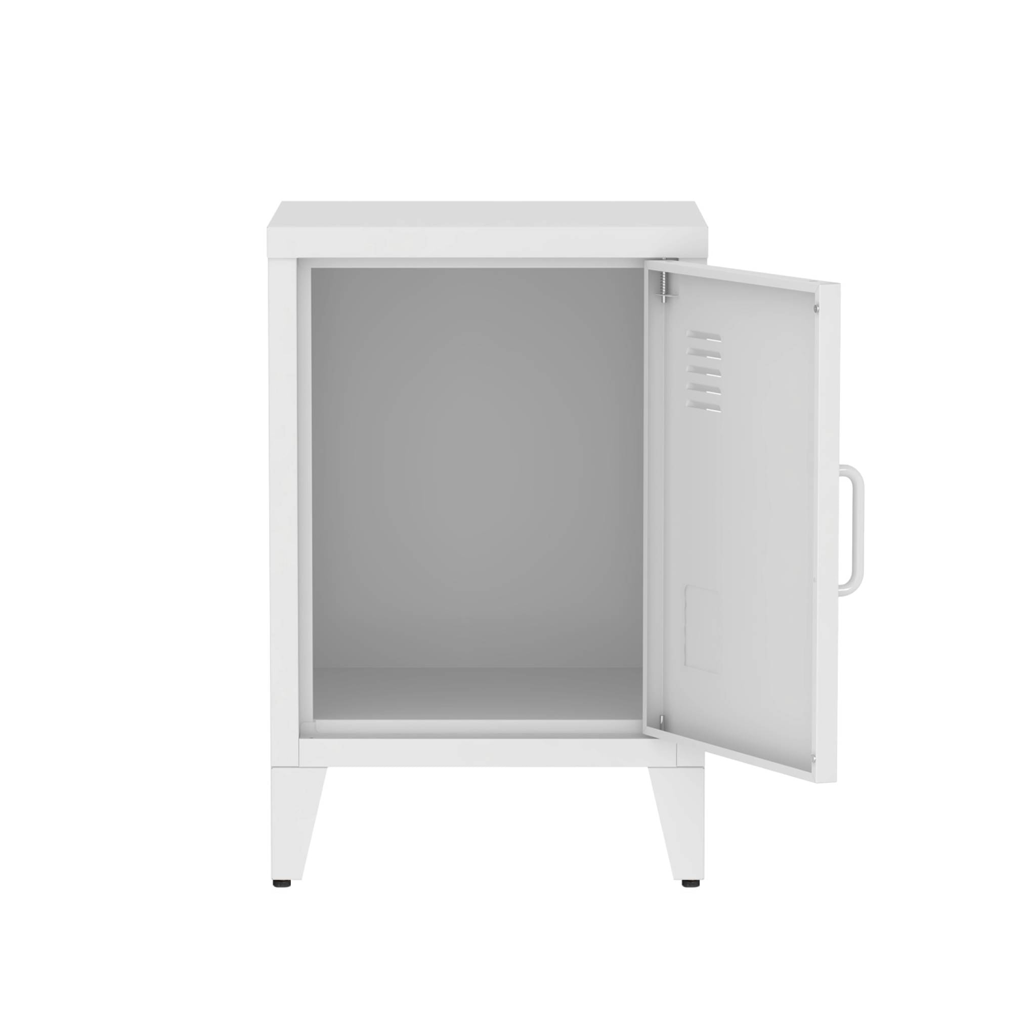Table de chevet en acier blanc. 1 porte. casier