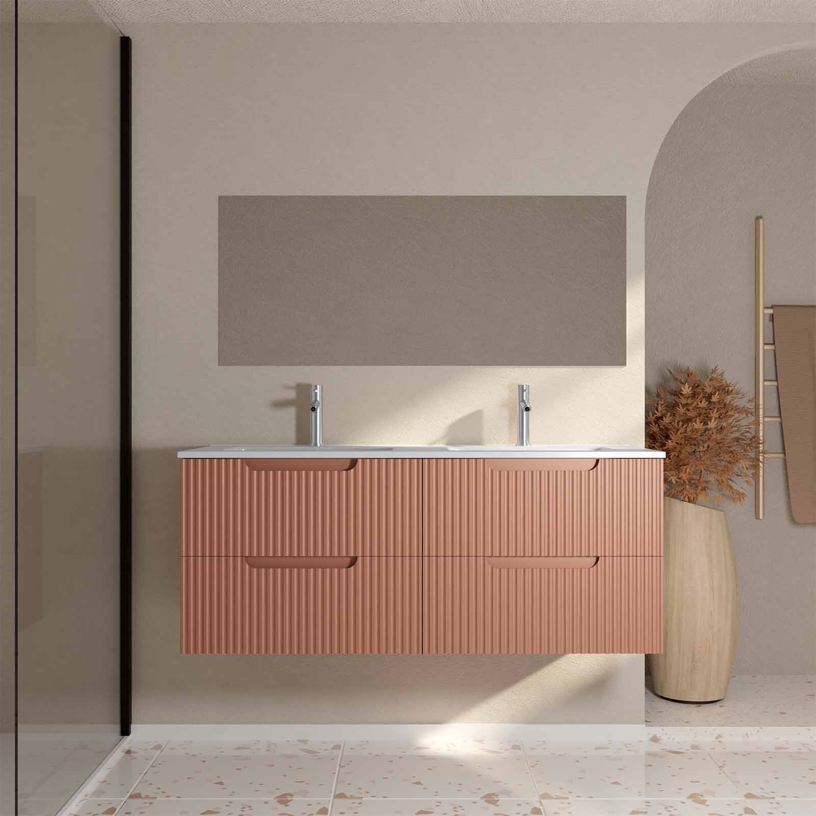 Meuble de Salle de Bains LEON 120cm Terracotta - 4 Tiroirs en MDF Ondulés - Vasque à encastrer