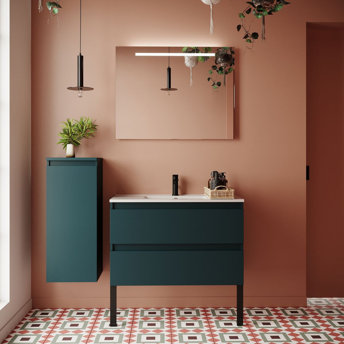 Ensemble vasque intégrée 2 tiroirs + miroir - HUDSON