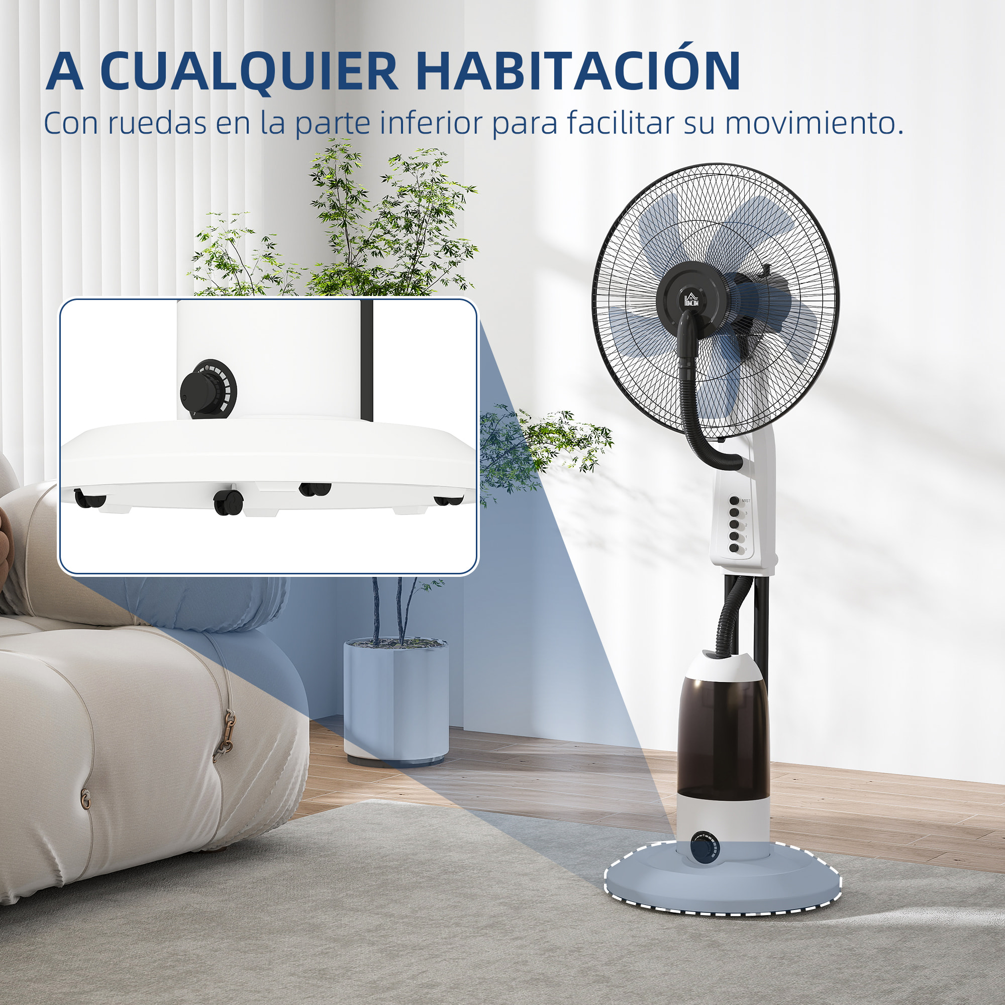 Ventilador Silencioso con Nebulización 90W, Ventilador de Pie de 120cm con 3 Velocidades, Oscilación de 70°, Cabezal Ajustable, Depósito de Agua de 2,8L, Blanco