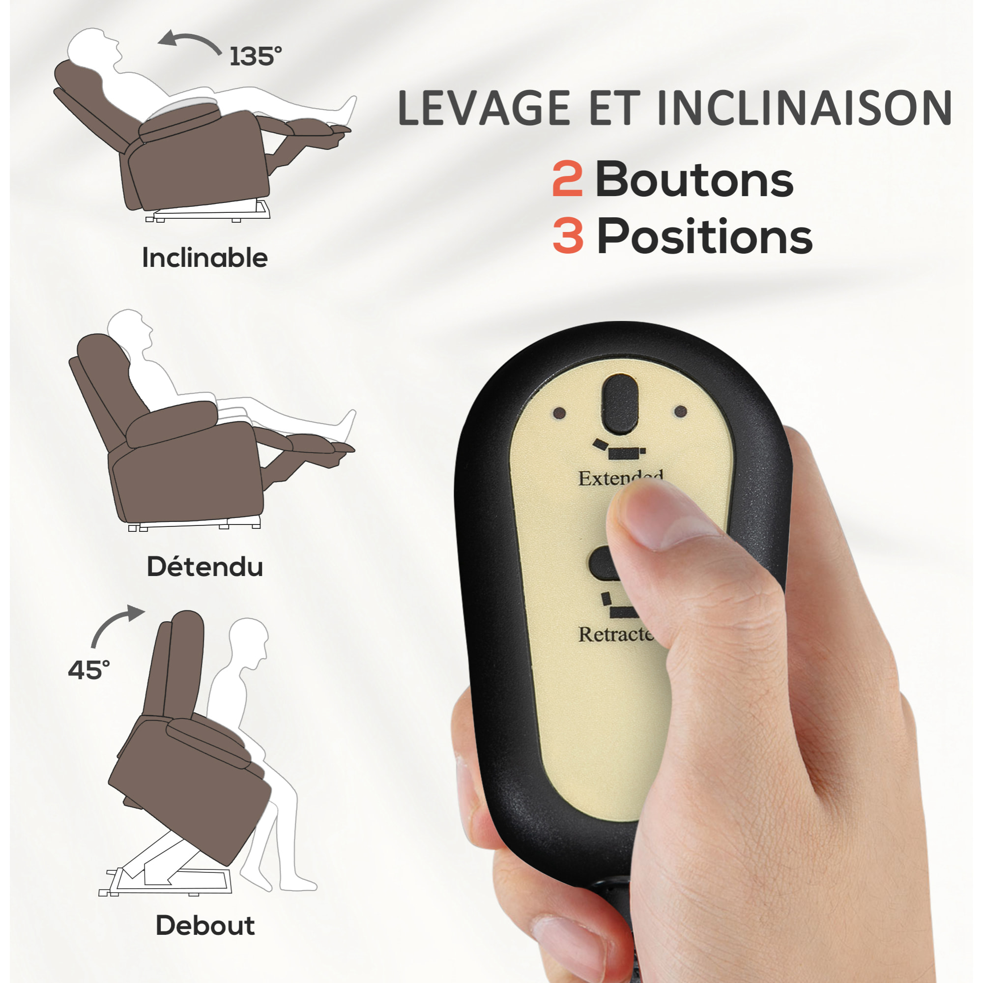 Fauteuil releveur massant chauffant inclinable repose-pied intégré effet velours marron