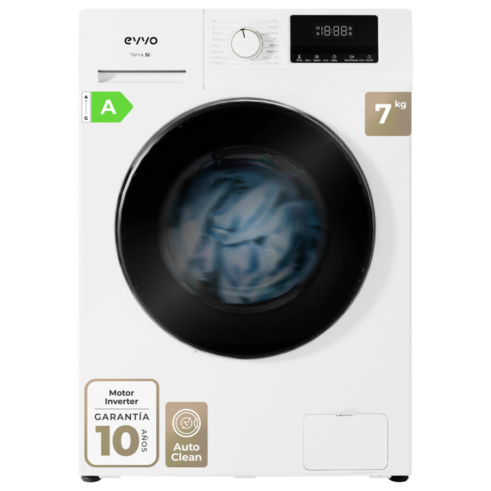 EVVO Lavadora 7 kg Terra N7, 1400 rpm, Clase A, Motor inverter eDRIVE, 16 programas, Lavado 15', Inicio diferido, Blanco
