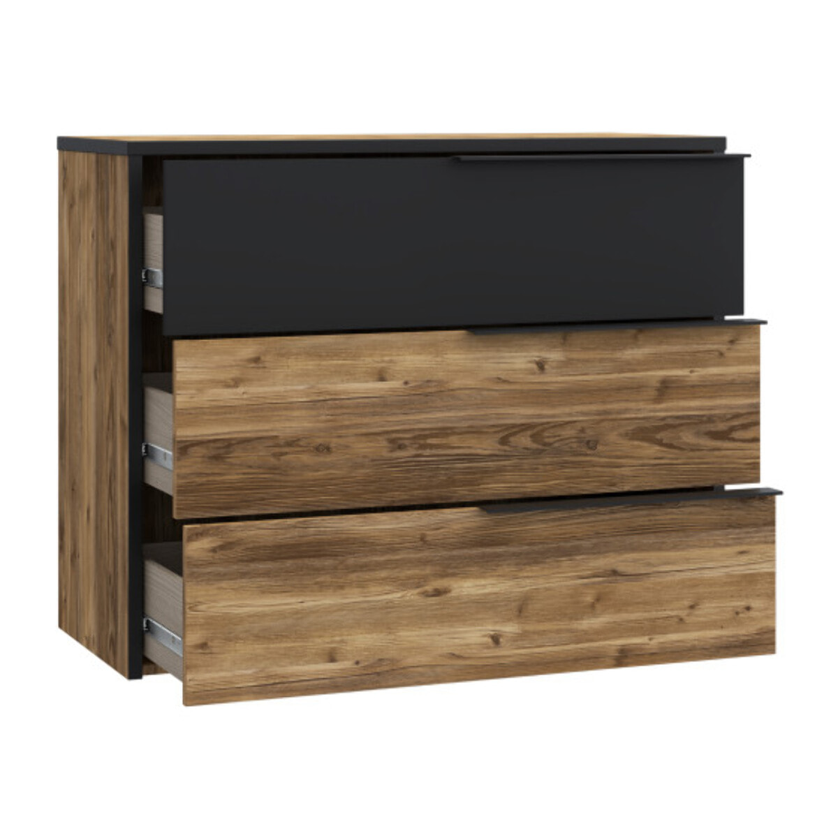 Commode H80 cm 3 tiroirs décor bois épicéa et noir mat -YAL