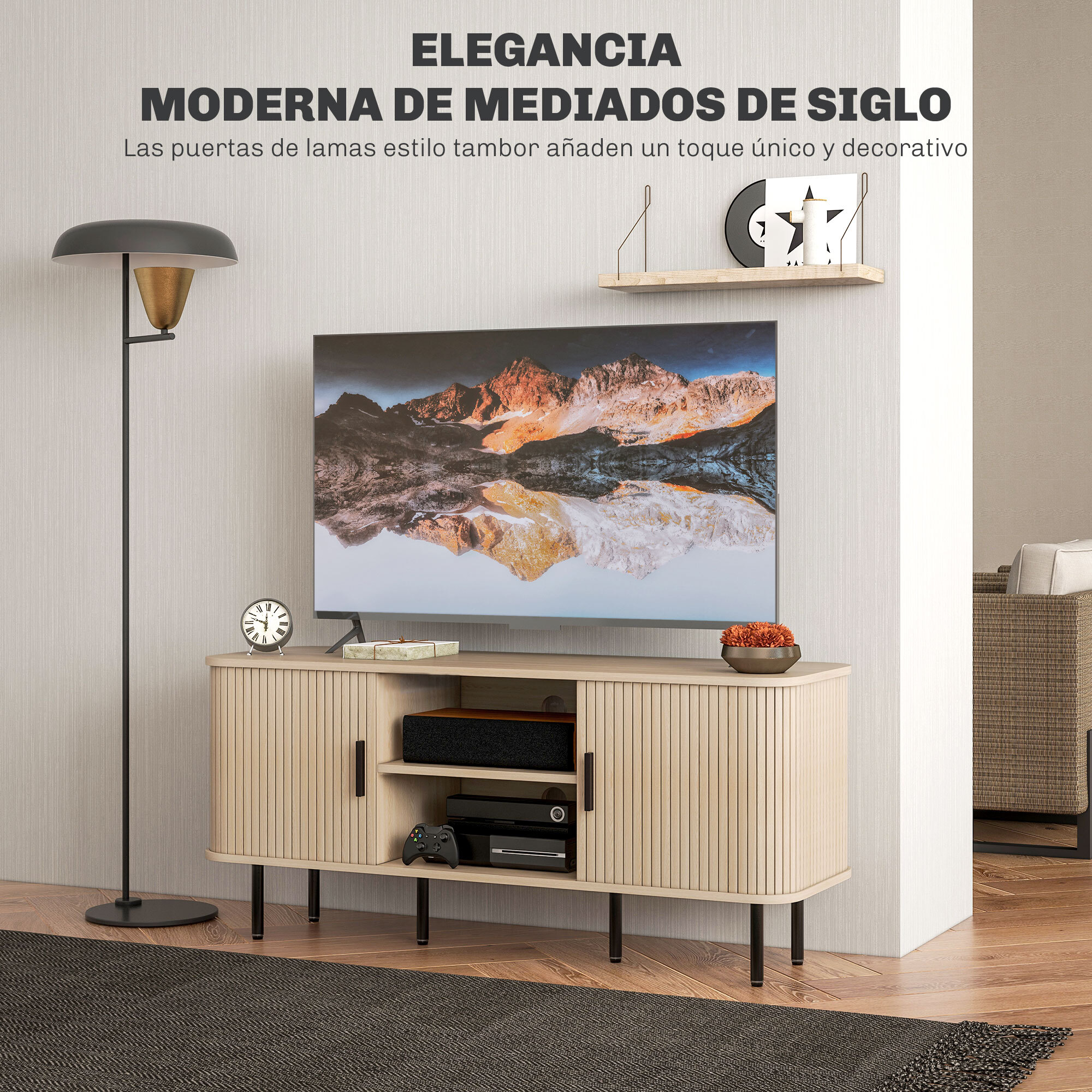 Mueble de TV Vintage Mesa de TV de Salón con 2 Puertas Correderas de Tambor 2 Estantes Abiertos Mueble para Televisores de 55 Pulgadas 120x40x55 cm Roble