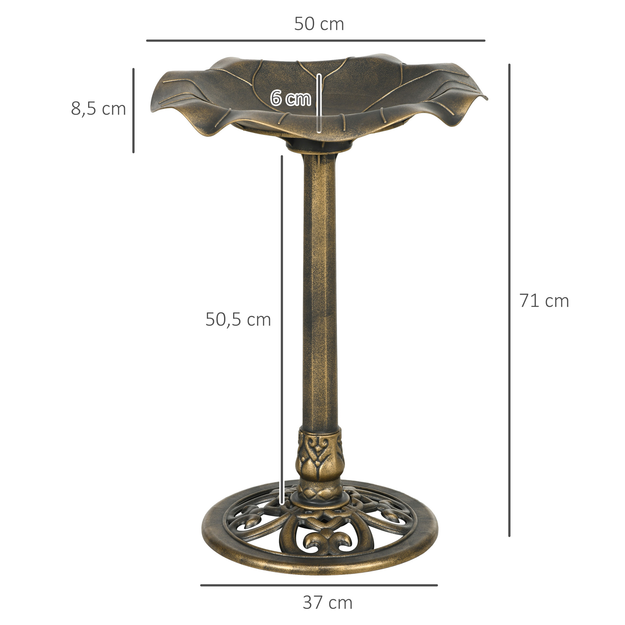 Baño para Pájaros de Jardín al Aire Libre, Altura 71 cm, Comedero para Pájaros con Lavabo Diseño Hoja de Loto y Acabado Envejecido, Ligero y Resistente, Bebedero para Aves, Bronce