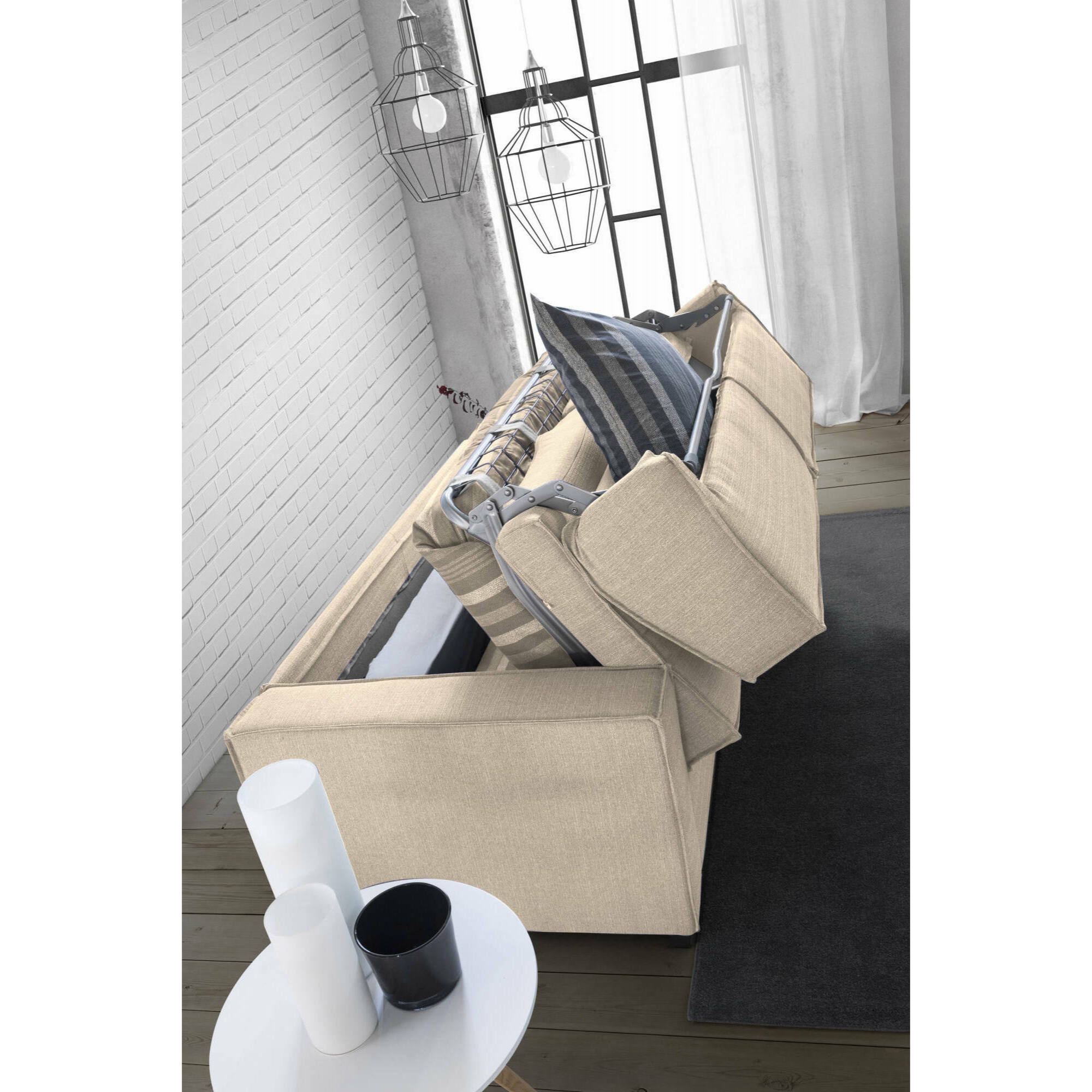 Divano letto 2 posti Alk, Sofà Soggiorno con apertura girevole, Tessuto imbottito con Braccioli slim, 100% Made in Italy, Cm 160x95h90, Beige
