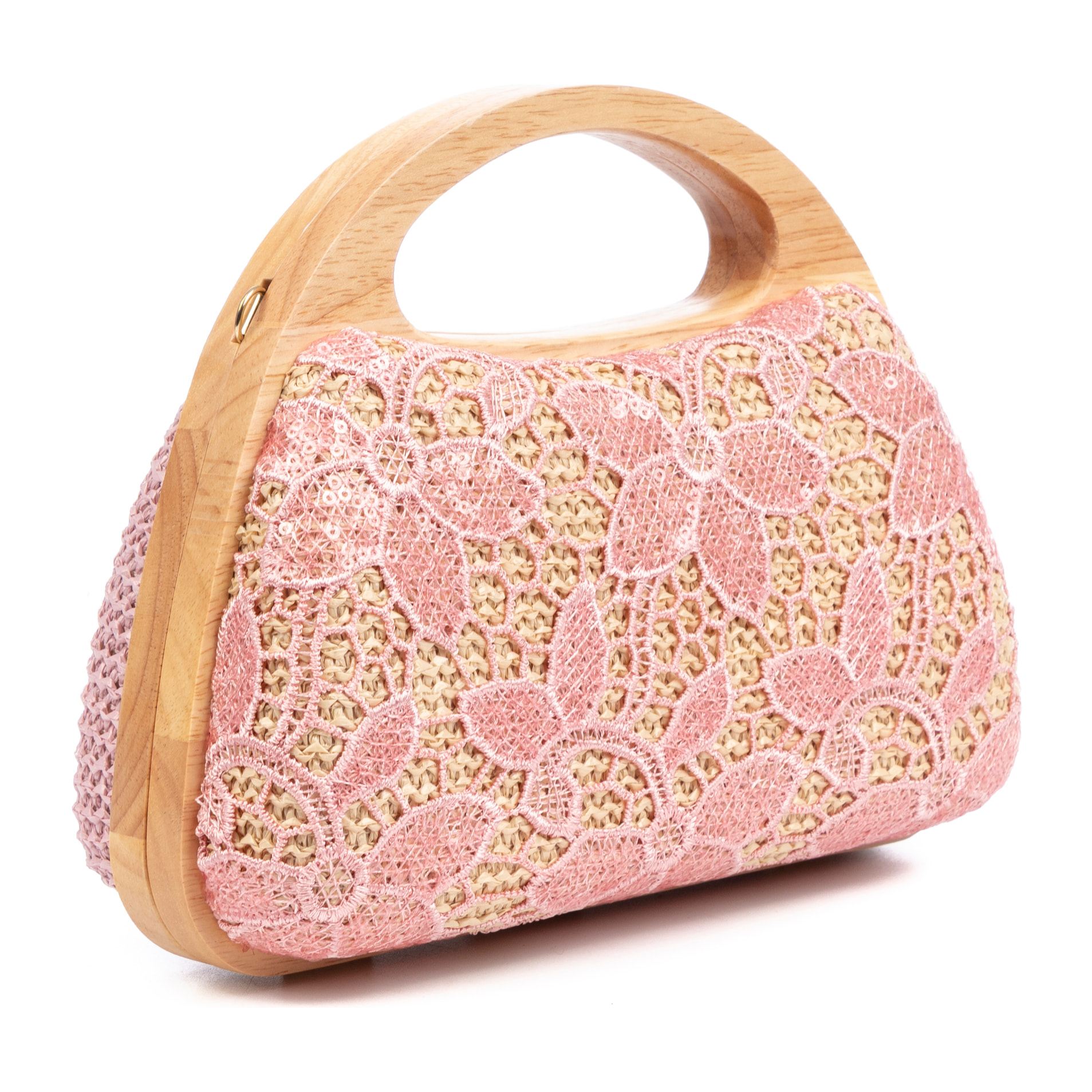 Ausa borsa a mano realizzata in legno naturale, con carta intrecciata e design in rete di tessuto floreale in juta