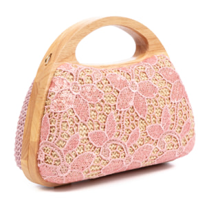 Ausa borsa a mano realizzata in legno naturale, con carta intrecciata e design in rete di tessuto floreale in juta