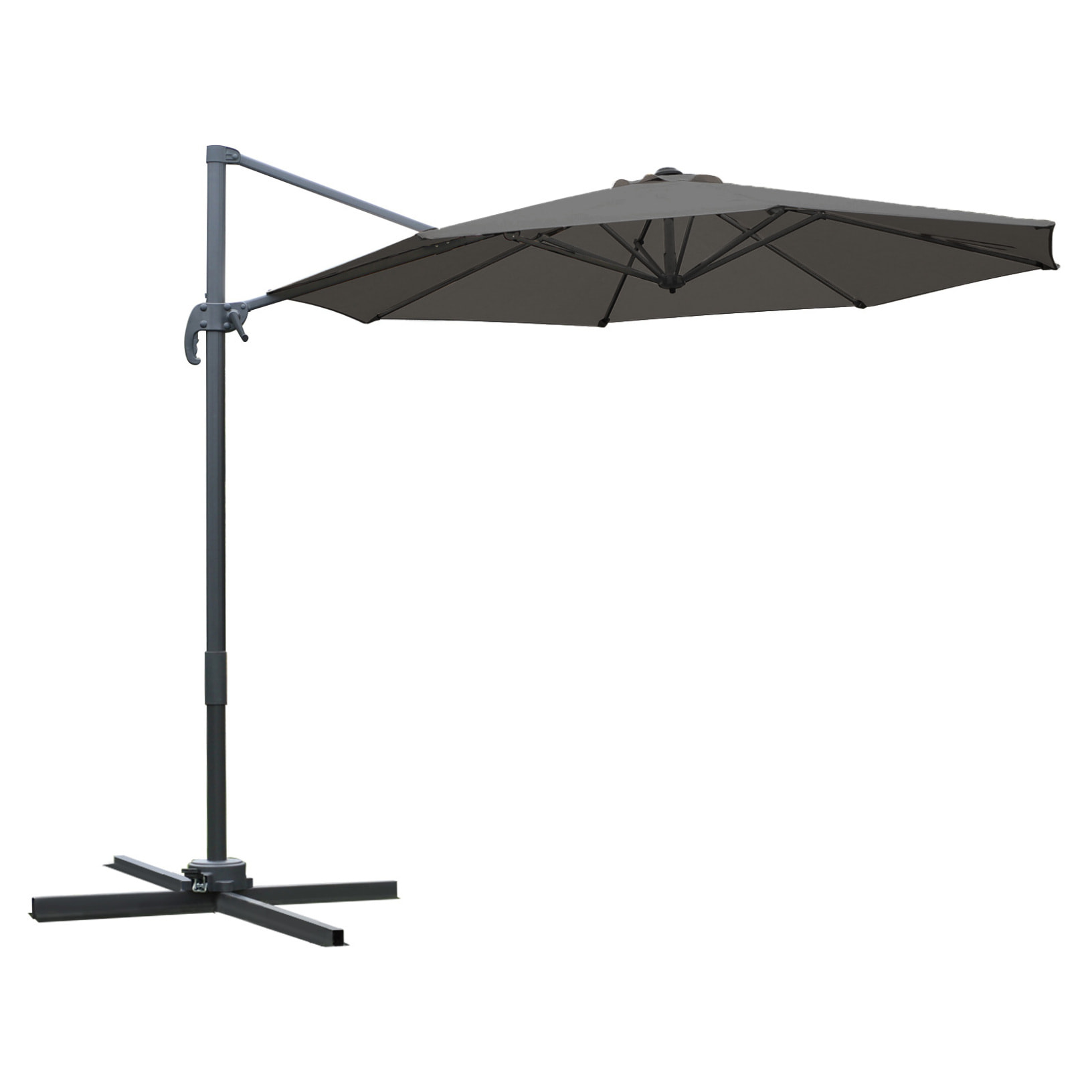 Parasol déporté octogonal inclinable rotatif 360° manivelle piètement acier mât alu. dim. Ø 2,95 x 2,5H m polyester haute densité gris