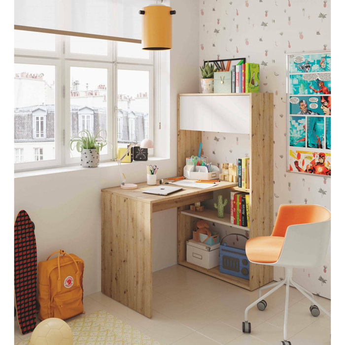 Scrivania Apogee, Scrittoio multifunzione reversibile ad angolo con libreria, Tavolo da studio o ufficio multiposizione, 108x70h140 cm, Bianco e Rovere nodi