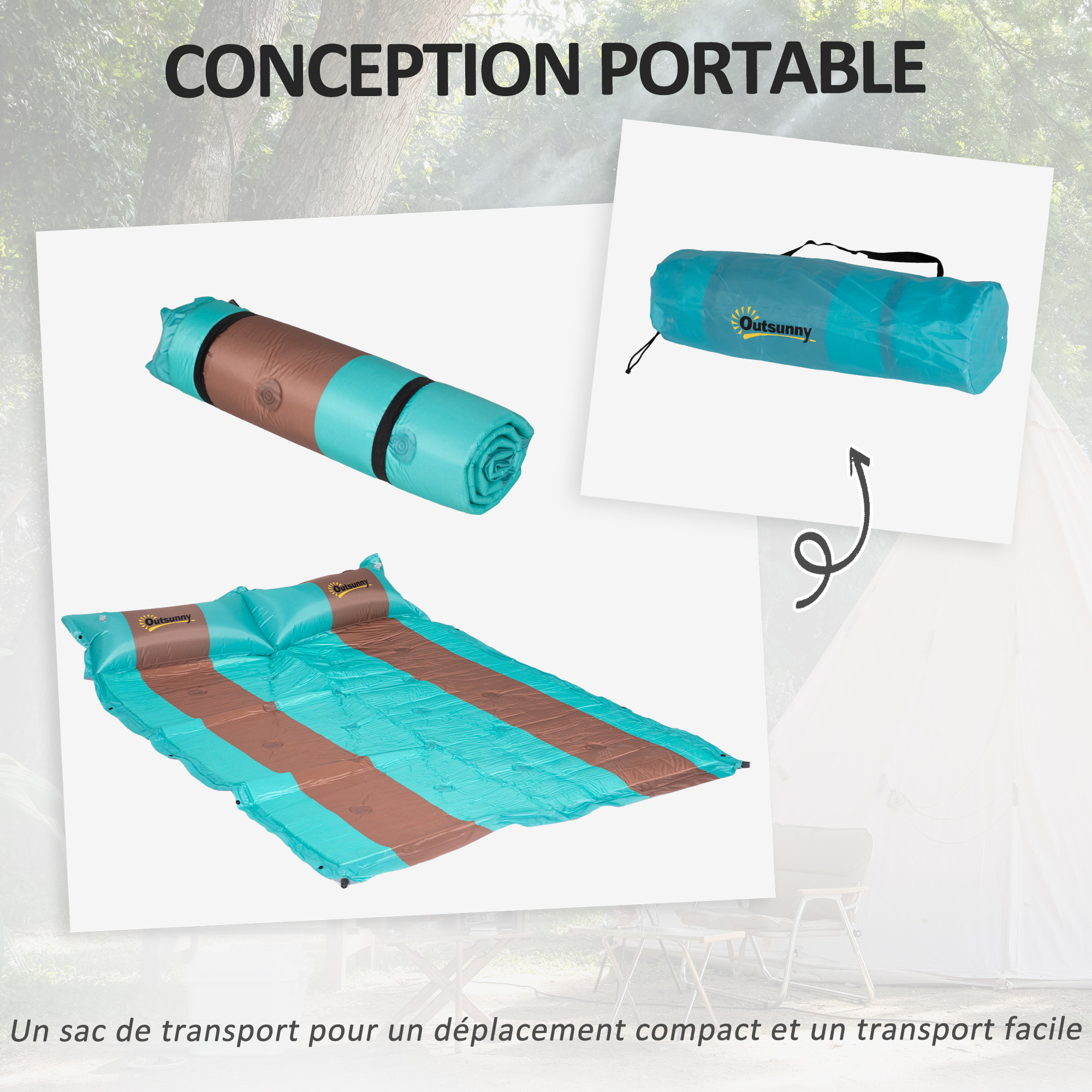 Matelas de camping 2 places autogonflant avec oreillers et sac de transport turquoise marron