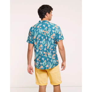 Camisa Flores Manga Corta Azul - Fiji