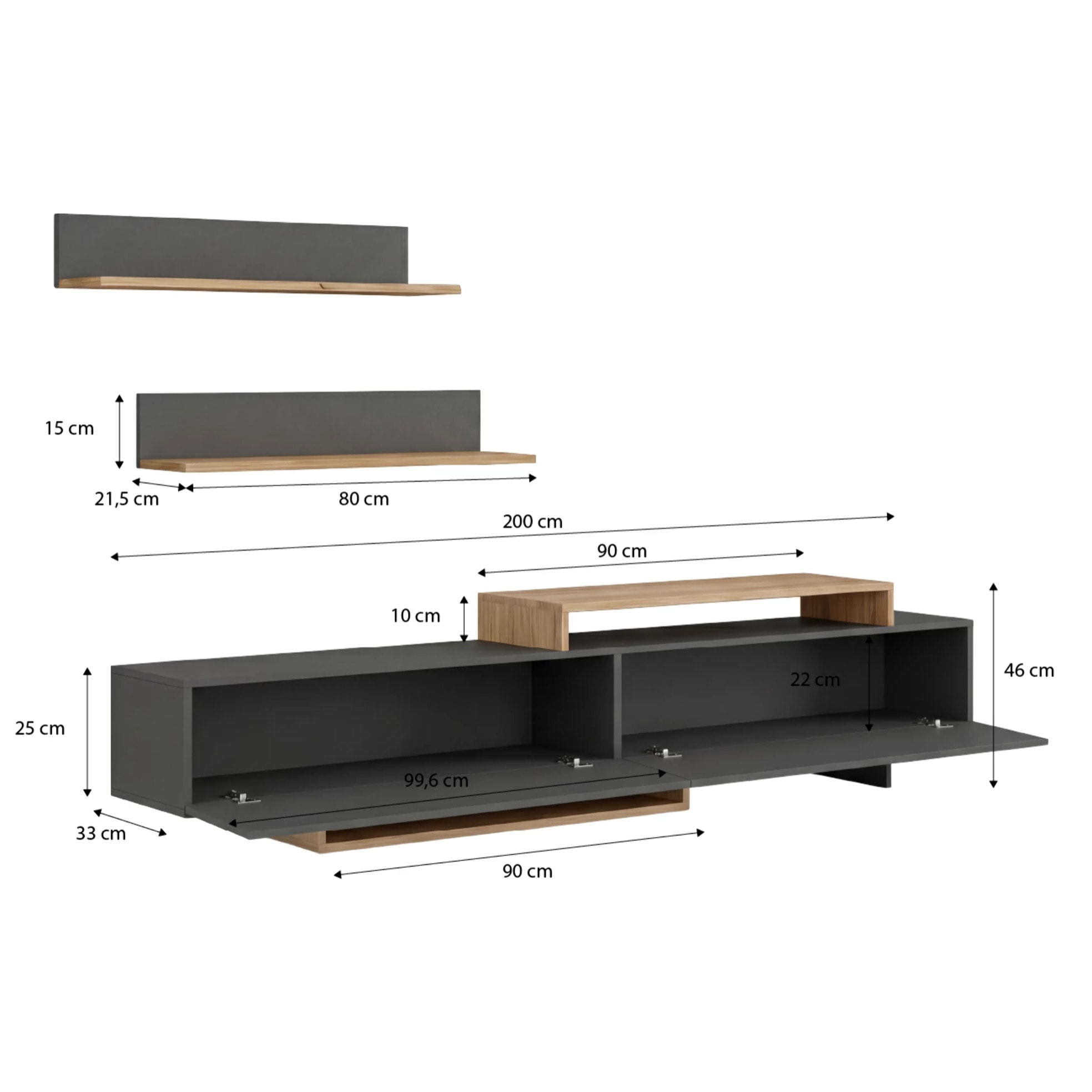 Salón con mueble TV y estanterías en gris grafito y alpino 200 cm Bender Gris Grafito - Alpino