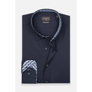 camicia uomo 1 bottone button down slim Popeline Stretch Unito Blu