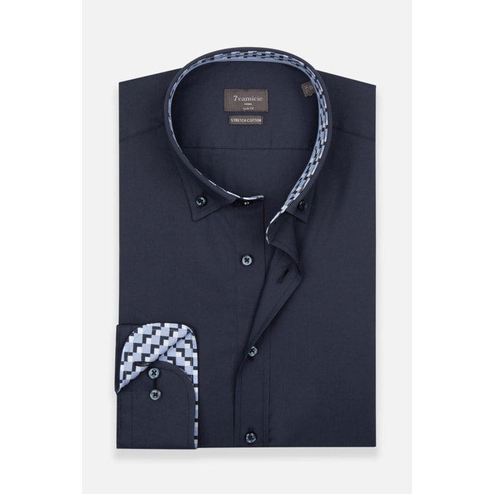camicia uomo 1 bottone button down slim Popeline Stretch Unito Blu