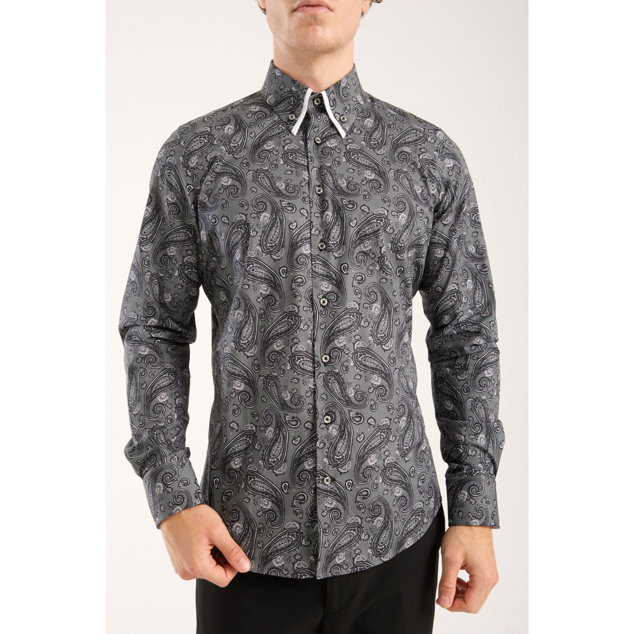 Camicia Uomo 2 Bottoni Button Down Doppio Coll Popeline Stretch Stampato Grigio Scuro/Nero