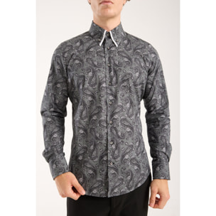 Camicia Uomo 2 Bottoni Button Down Doppio Coll Popeline Stretch Stampato Grigio Scuro/Nero
