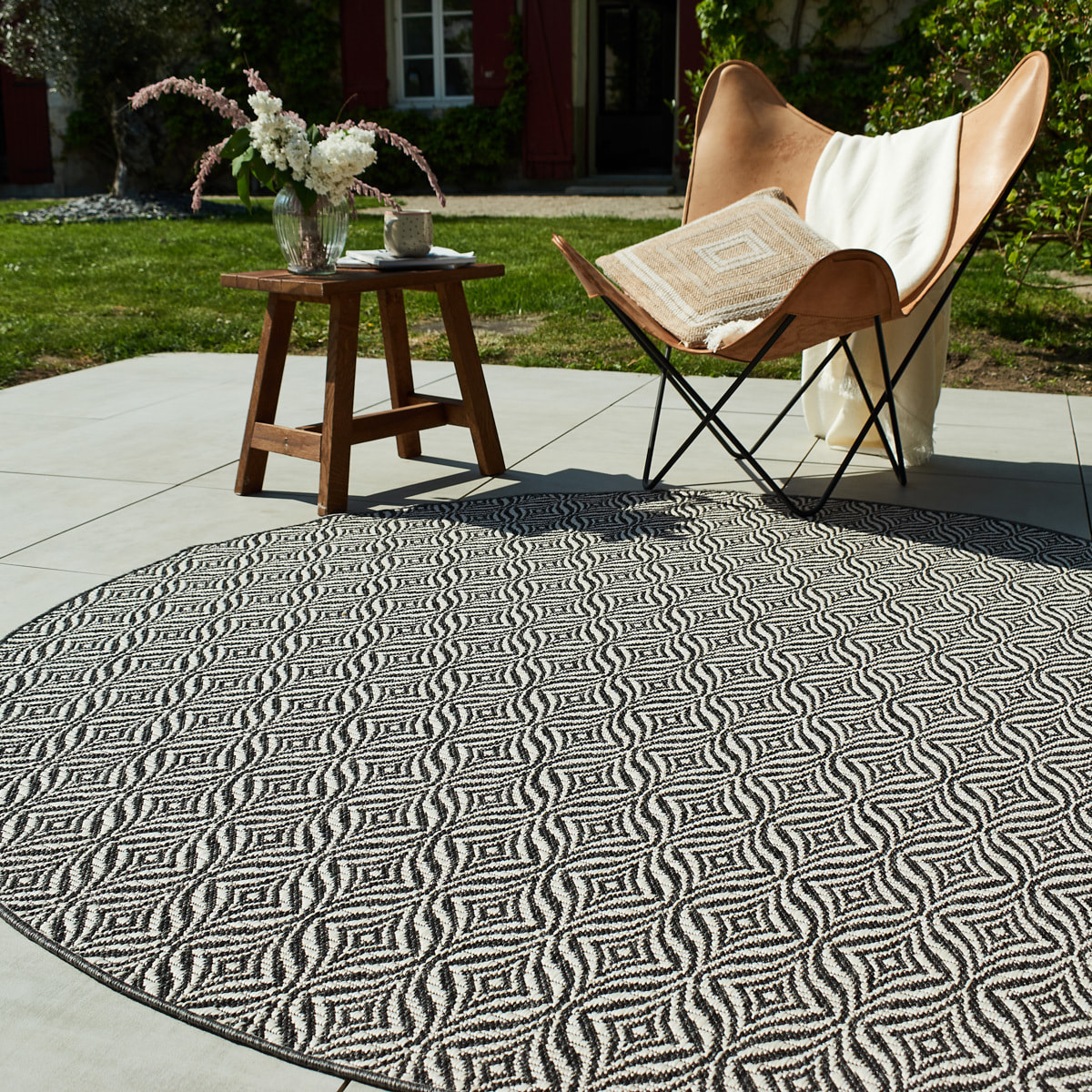 Moa- tapis d'extérieur rond noir à motif blanc