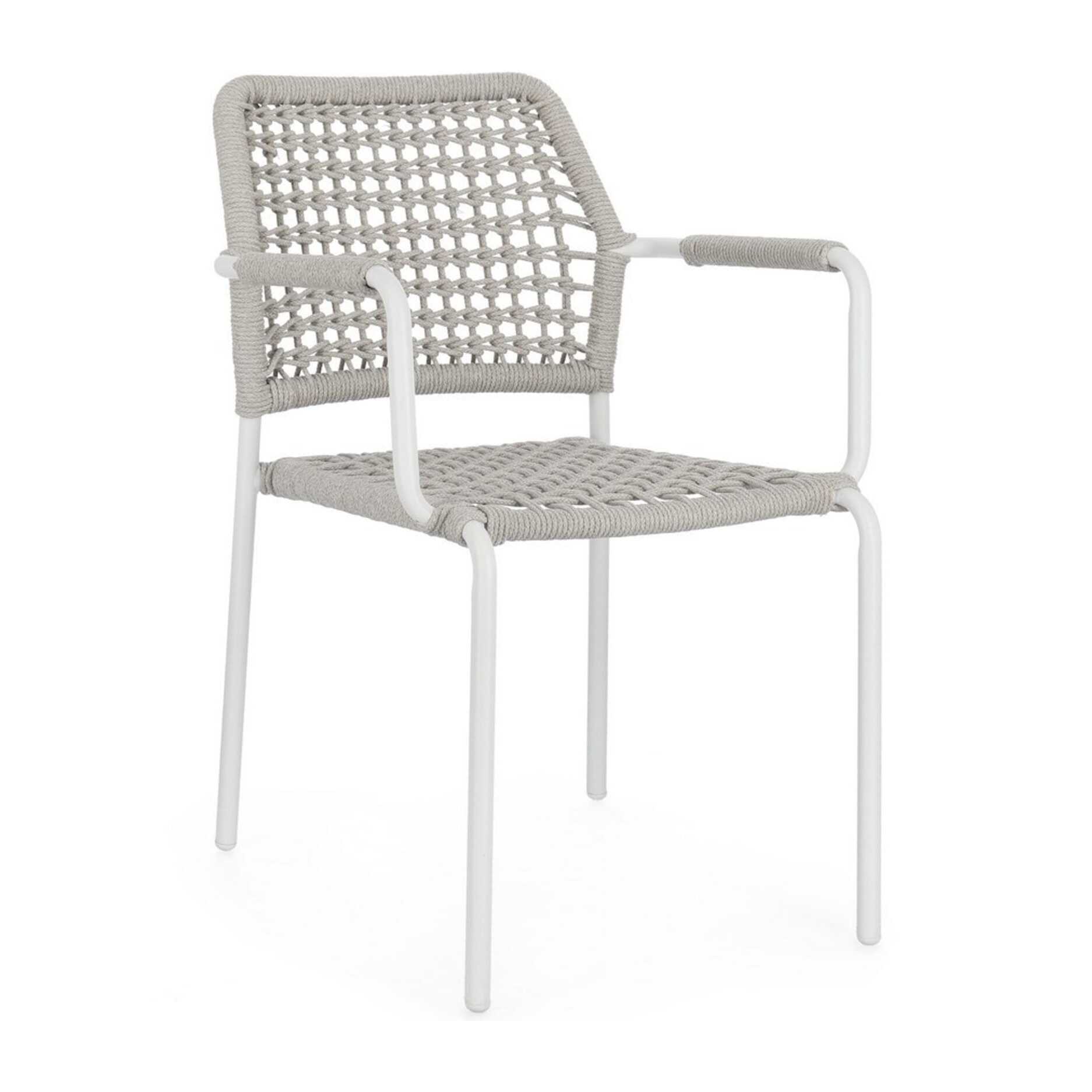 Set di 4 sedie con braccioli MIRANDA in alluminio e corda bianco, impilabili